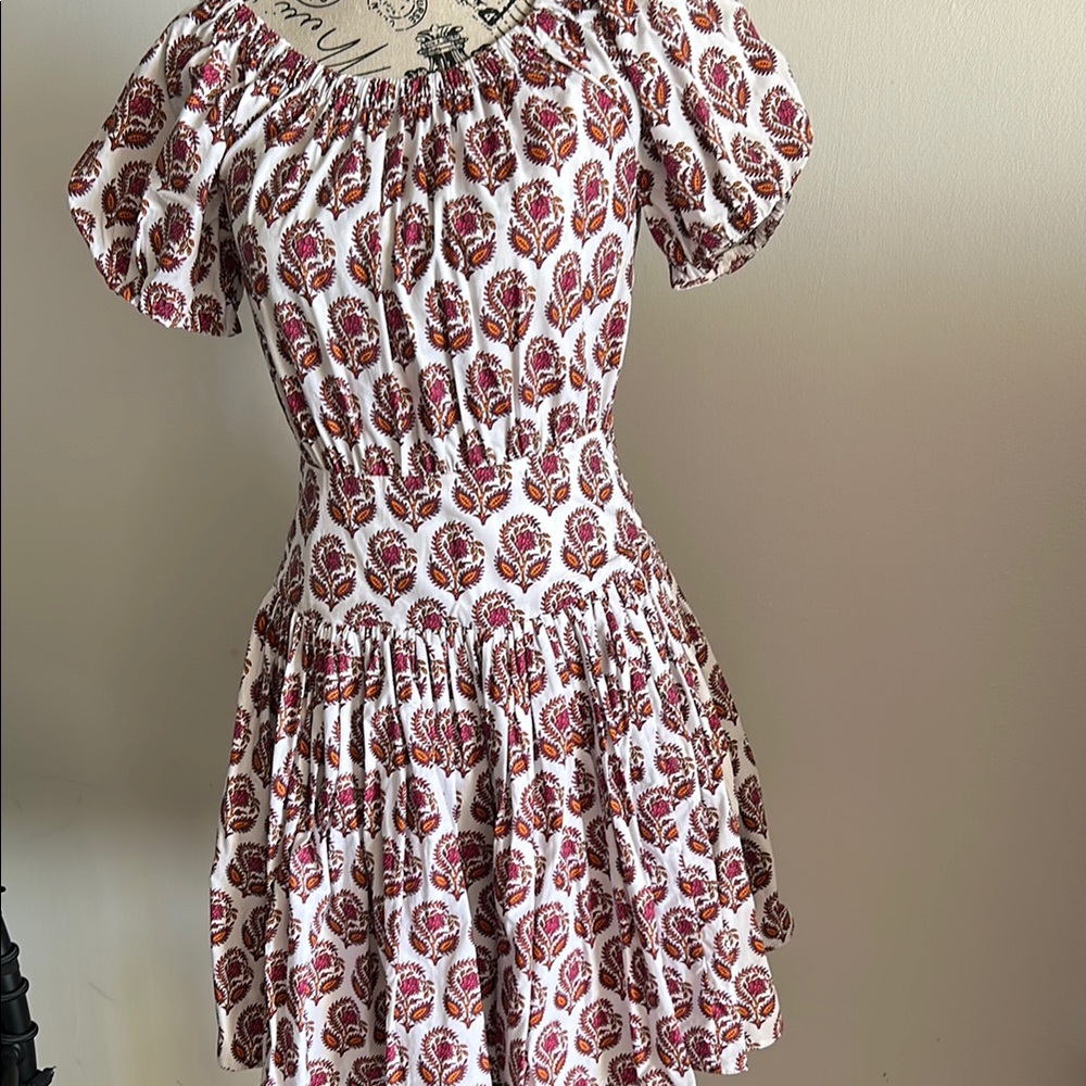 White and Brown Puff Sleeve Sundress for Casual Wear